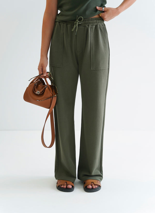 Cotton Blend Flare Pant in Olive